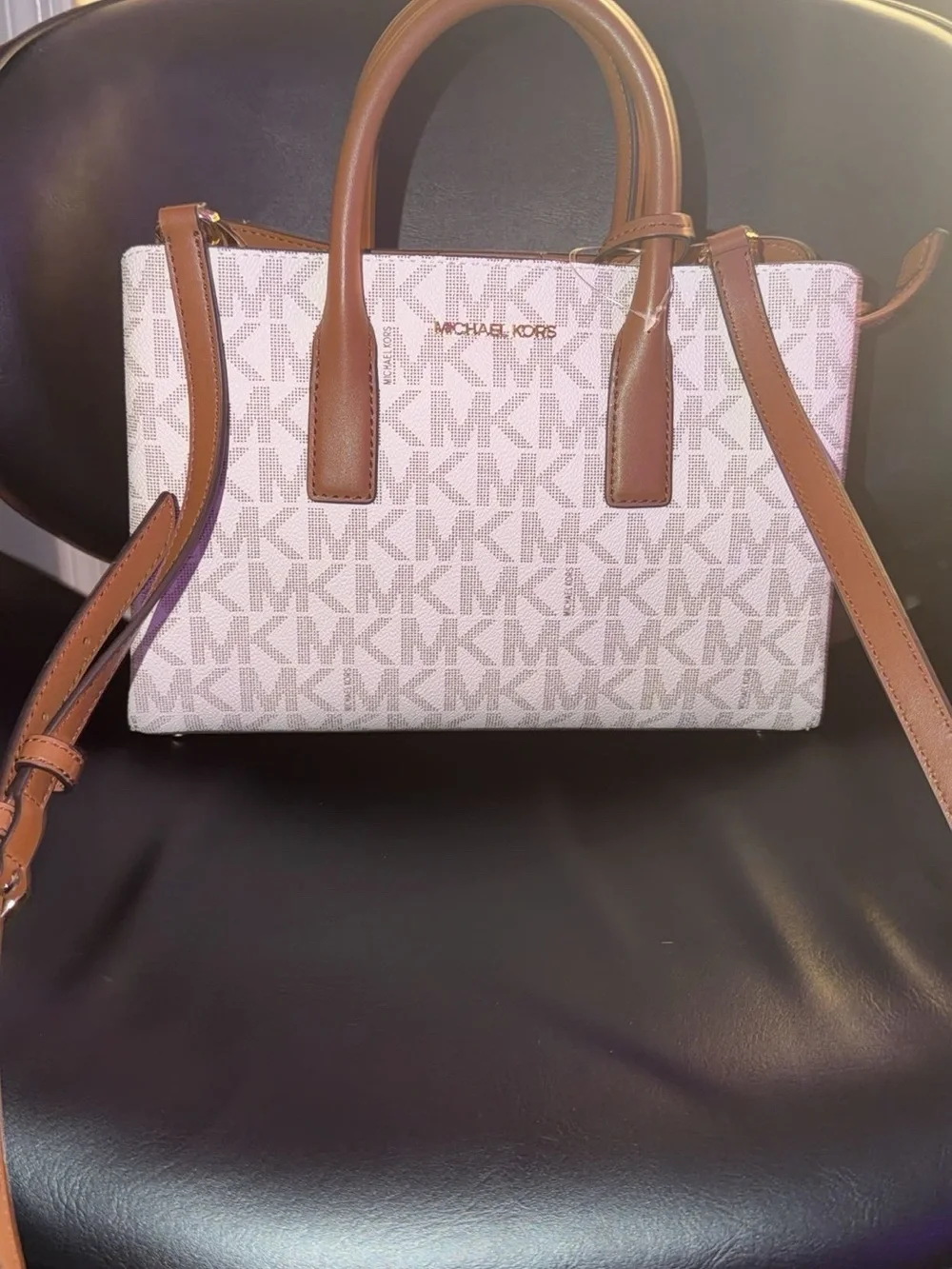 Michael Kors White/Beige Logo Satchel with Brown Trim